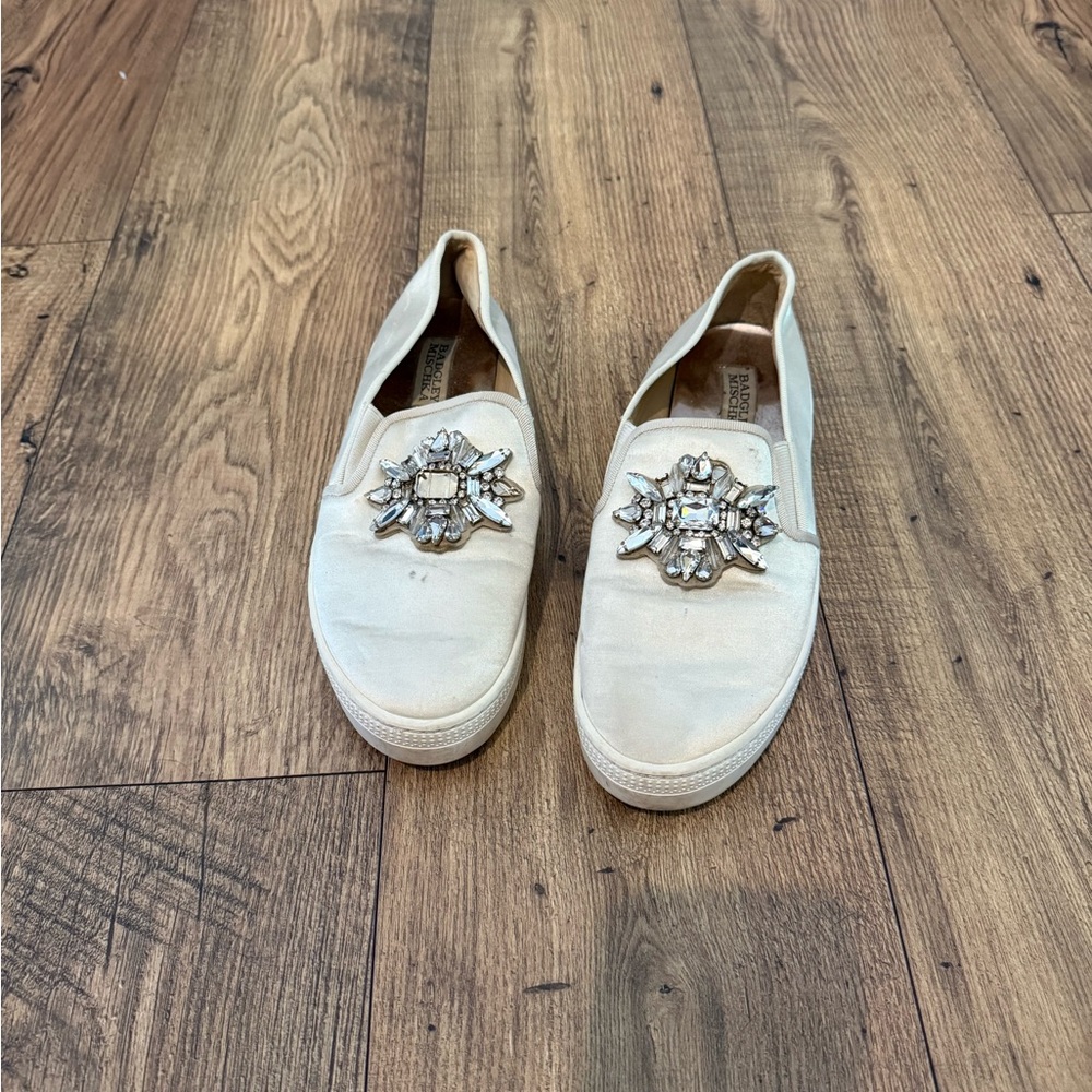 Badgley Mischka Cream Embellished Slip-On Sneakers